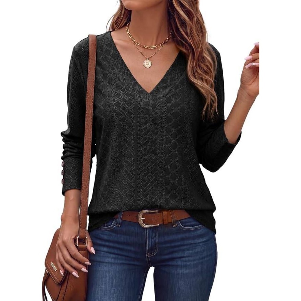 MSRP $24 Dokotoo Women's M Black V Neck Long Sleeve Eyelet Embroidered Blouse